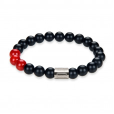 Morchic Natural Black Onyx / Red Coral Gemstone Healing Chakra Stretch Energy Beaded Bracelet for Women Men Unisex Yoga 8mm 7.5"