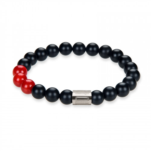 Morchic Natural Black Onyx / Red Coral Gemstone Healing Chakra Stretch Energy Beaded Bracelet for Women Men Unisex Yoga 8mm 7.5"