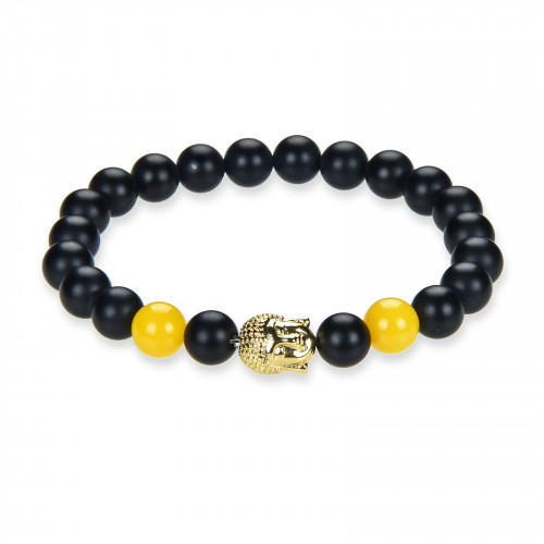 Morchic Mens Womens Buddha Head Bracelet - Genuine Healing Stone Stretch Bracelet Gold