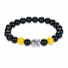 Morchic Mens Womens Buddha Head Bracelet - Genuine Healing Stone Stretch Bracelet Silver