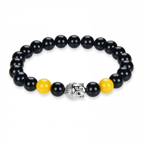 Morchic Mens Womens Buddha Head Bracelet - Genuine Healing Stone Stretch Bracelet Silver