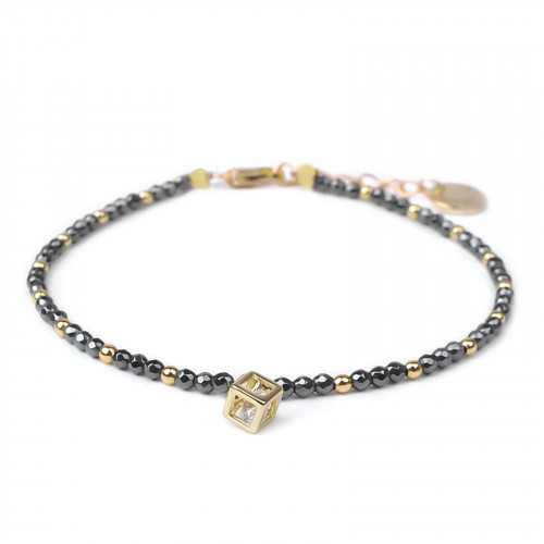 Morchic 2mm Hematite Stone Mini Multi-Faceted Beads Adjustable Strand Bracelets for Women, Cubic Zirconia Pendant (Black)