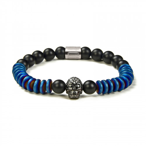 Morchic Natural Matte Onyx/Blue Hematite Stone Beads with CZ Skull Stretch Bracelet - Mens Womens Energy Cuff Bangle 8mm