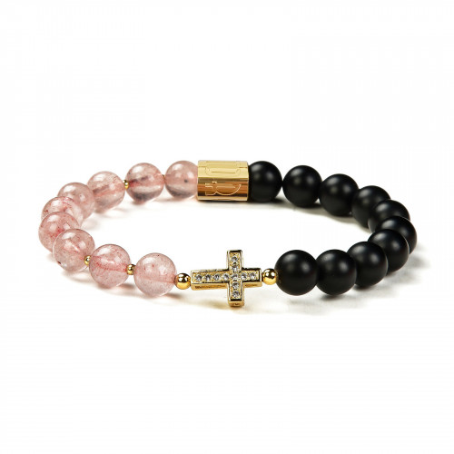 Morchic Natural Strawberry Quartz Crystal/Onyx Gemstones Cross Prayer Stretch Lady Bracelet for Womens 8mm