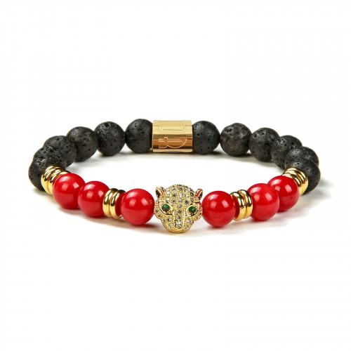 Morchic Leopard Head Lava Rock / Red Coral Anxiety Aromatherapy Stretch Bracelet for Women, Natural Stone Beads Essential Oil Diffuser Birthday Gift 7.2”