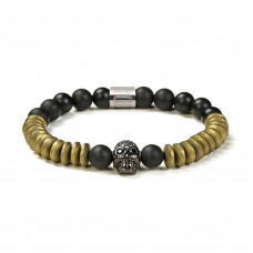 Morchic Natural Matte Onyx / Yellow Hematite Stone Beads with CZ Skull Stretch Bracelet - Mens Womens Energy Cuff Bangle 8mm