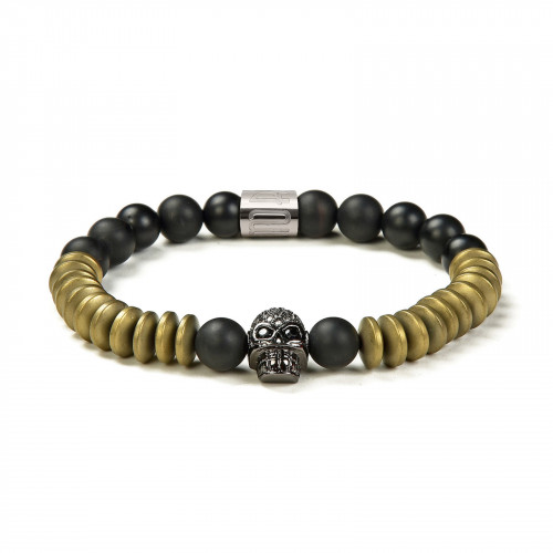 Morchic Natural Matte Onyx / Yellow Hematite Stone Beads with CZ Skull Stretch Bracelet - Mens Womens Energy Cuff Bangle 8mm