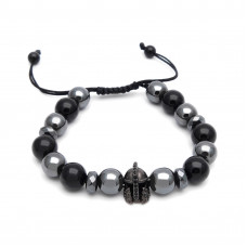 Morchic 10mm Hematite & Onyx Beads Unique Mens Warrior Helm Handwoven Adjustable Bracelet - Natural Healing Gemstone Charm Knight Bracelet