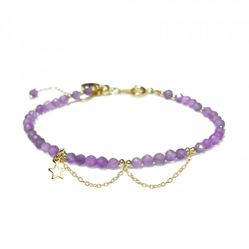 Morchic 3mm Purple Amethyst Gemstone Faceted Beads Womens Strand Bracelet, Easy Adjustable 7-9 Inch Birthday Gift