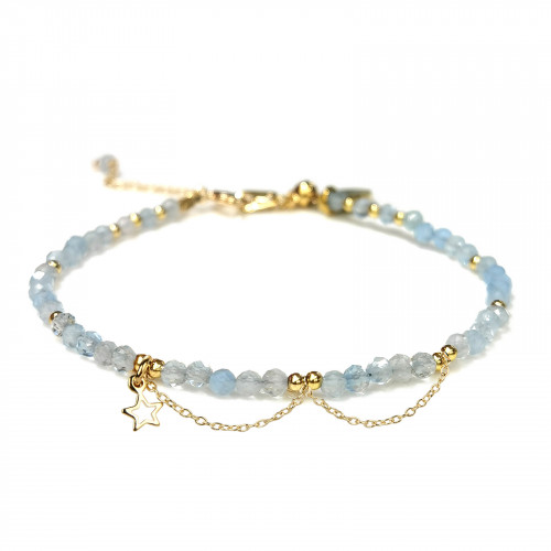 Morchic Aquamarine 3mm Gemstone Faceted Beads Womens Strand Bracelet, Easy Adjustable 7-9 Inch Birthday Gift