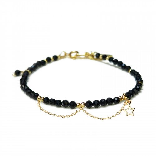 Morchic Black Onyx 3mm Gemstone Faceted Beads Womens Strand Bracelet, Easy Adjustable 7-9 Inch Birthday Gift