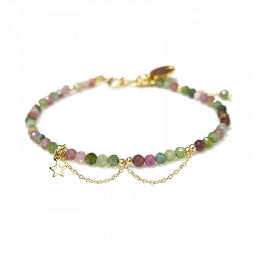 Morchic Tourmaline Colorful 3mm Gemstone Faceted Beads Womens Strand Bracelet, Easy Adjustable 7-9 Inch Birthday Gift