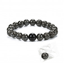 Morchic 10mm Bright Black Lava Rock Stone Anxiety Stretch Beaded Bracelet for Men Women, 8 Inches Big Wrist Comfortable Size