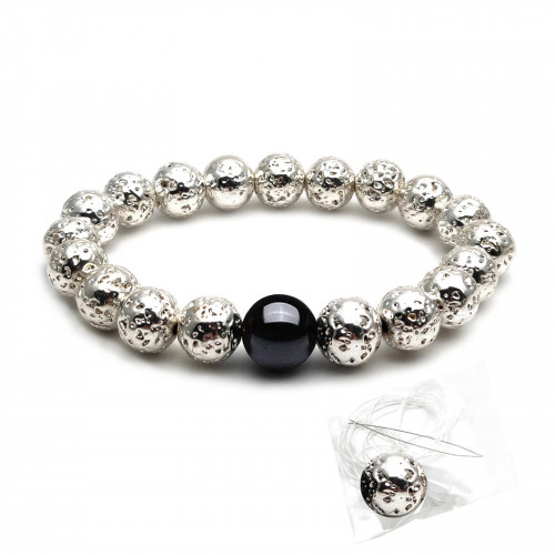 Morchic 10mm Bright Silver Lava Rock Stone Anxiety Stretch Beaded Bracelet for Men Women, 8 Inches Big Wrist Comfortable Size