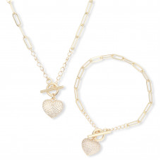 Morchic Women's Gold Plated Brass Link Bracelet Necklace Set, Inlaid Zircon Love Heart Pendant, Nice Birthday Gift