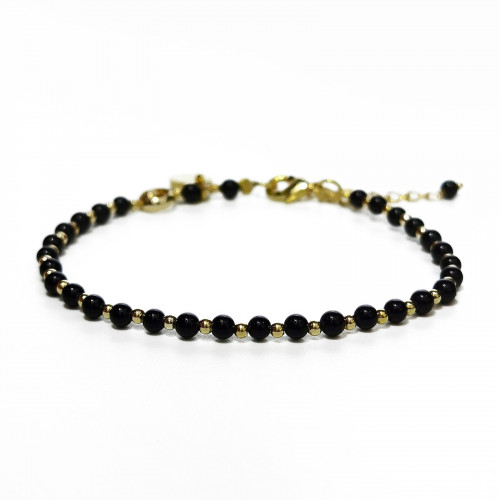 Morchic Black Onyx Natural Gemstone Adjustable Bracelet for Women, 3mm Mini Beads Energy Gem Charm Series, Birthday Gift 7.1"