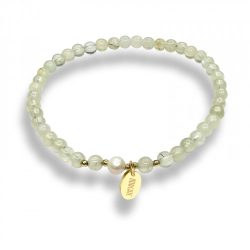 Morchic 4mm Prehnite Gemstone Beads Stretch Bracelet for Women, Freshwater Pearls Beads, Energy Gem Series Birthday Gift 7.2”