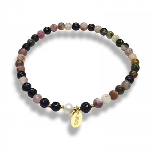 Morchic 4mm Tourmaline Gemstone Beads Stretch Bracelet for Women, Freshwater Pearls Beads, Energy Gem Series Birthday Gift 7.2”