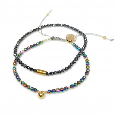 Morchic 2Pcs Shiny Hematite Gemstone Multi-Faceted Beads Women Stretch Adjustable Bracelet Set, Energy Gem Semi Precious Charm Series Birthday Gift 3mm (Rainbow/Black)