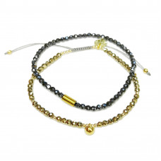 Morchic 2Pcs Shiny Hematite Gemstone Multi-Faceted Beads Women Stretch Adjustable Bracelet Set, Energy Gem Semi Precious Charm Series Birthday Gift 3mm (Light Gold/Black)