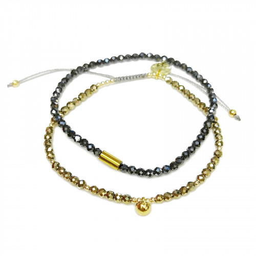 Morchic 2Pcs Shiny Hematite Gemstone Multi-Faceted Beads Women Stretch Adjustable Bracelet Set, Energy Gem Semi Precious Charm Series Birthday Gift 3mm (Light Gold/Black)