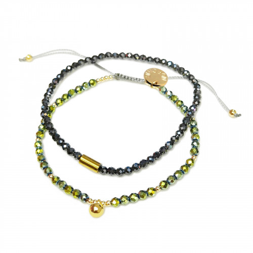Morchic 2Pcs Shiny Hematite Gemstone Multi-Faceted Beads Women Stretch Adjustable Bracelet Set, Energy Gem Semi Precious Charm Series Birthday Gift 3mm (Light Green/Black)