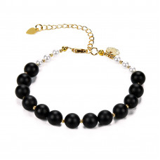 Morchic Natural Matte Black Onyx / Seashell Pearl Charm Adjustable Gemstone Bracelet For Women 8mm
