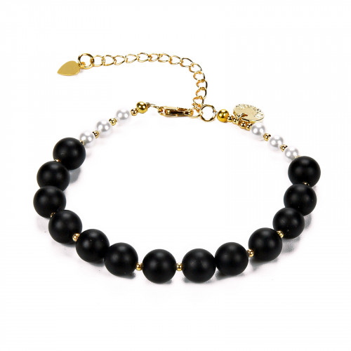 Morchic Natural Matte Black Onyx / Seashell Pearl Charm Adjustable Gemstone Bracelet For Women 8mm