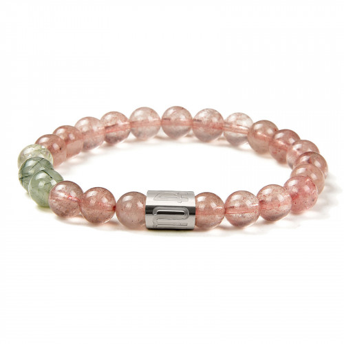Morchic Natural Strawberry Quartz Crystal / Green Rutilated Quartz Womens Stretch Energy Beaded Sweet Bracelet 8mm