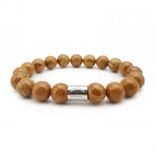 Morchic Wood Grain Stone Natural Gemstone Mens Stretch Bracelet, Genuine Energy Semi Precious 10mm Beads Classic Simple Design Birthday Gift 8 Inch