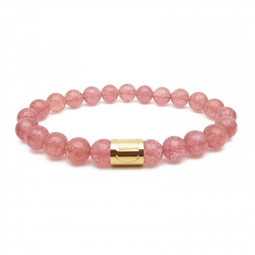 Morchic Strawberry Quartz Crystal Gem Semi Precious Stretch Bracelet for Women, Real Natural Pink Gemstone 8mm Beads, Classic Simple Design Cuff Birthday Gift 7.5 Inch