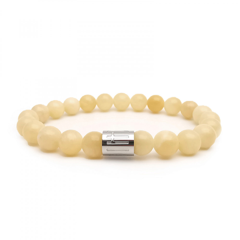 thumbnail image 2 of Natural Yellow Jade Round Beads Elastic Bracelet – 14mm, 7.5 Inch, Handmade 2 of 3
