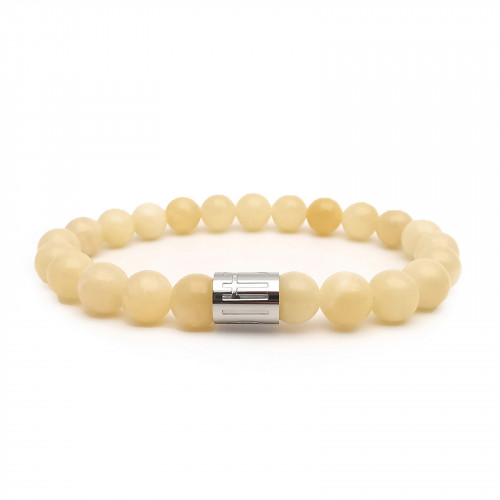 Morchic Yellow Jade Marble Natural Gemstone Stretch Bracelet for Women Men Unisex, Genuine Energy Stone 8mm Beads, Classic Simple Design Cuff Birthday Gift 7.5 Inch