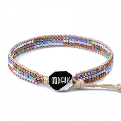 Morchic Natural Hematite Stone 2x2MM Hexagon Faceted Beads Waterproof Handwoven Wrap Bracelet With Wax String & Stainless-steel Buckle 7-9 Inches Adjustable (Brown, Rainbow & Silver)
