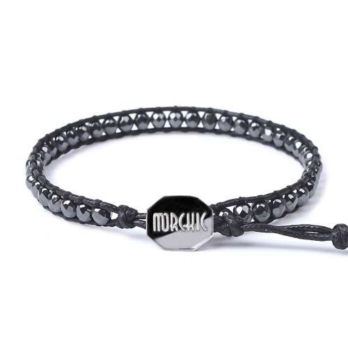 Morchic Magnetic Hematite Stone 4MM Faceted Beads Waterproof Handwoven Wrap Bracelet With Wax String & Stainless-steel Buckle 7-9 Inches Adjustable (Black)