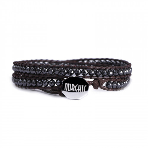 Morchic Magnetic Hematite Stone 3MM Faceted Beads Waterproof Handwoven 2 Wrap Bracelet With Wax String & Stainless-steel Buckle 14-16 Inches Adjustable (Black)