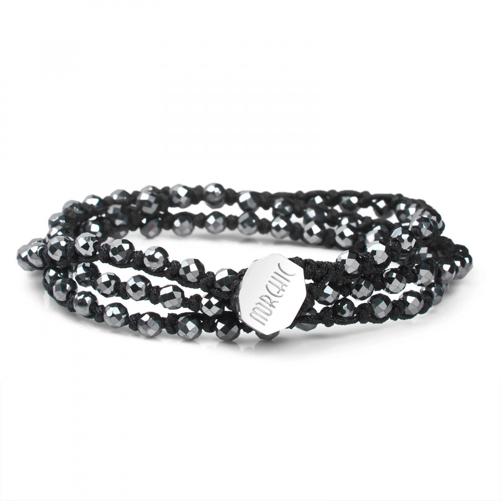 Silver 4mm Glass Beads 2-Layers Black Leather Wrap Bracelet, Handmade