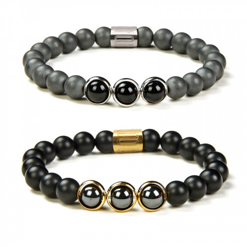 Morchic Natural Hematite Onyx 2 Pcs Energy Beaded Stretch Couples Bracelets, Womens Mens Yoga Prayer Therapy Arthritis Bangle 8mm